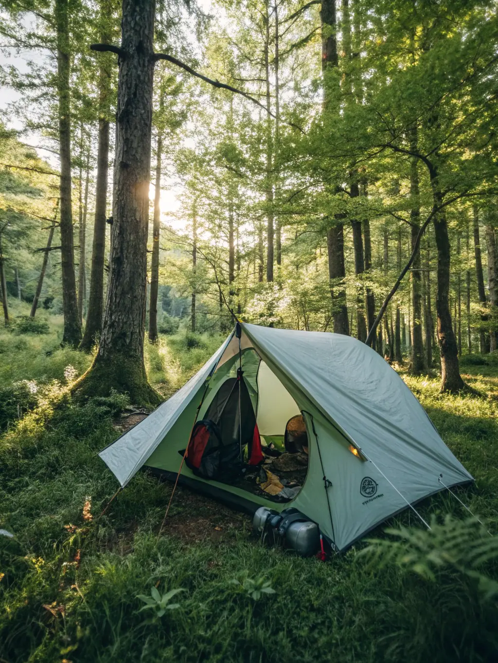 A captivating photo of a group camping responsibly in a natural setting, demonstrating sustainable tourism and environmental awareness.