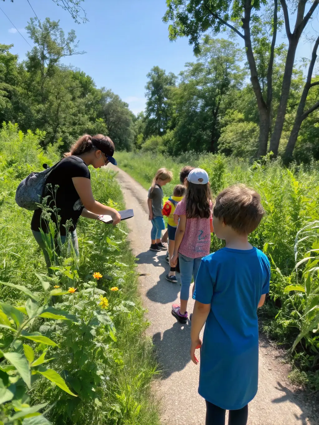 A serene image of a group participating in a nature walk, observing local flora and fauna, highlighting the educational aspect of eco-tourism.