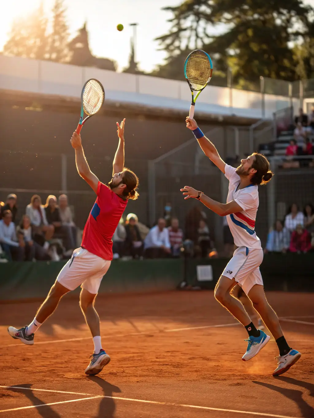 A close-up of tennis players in action, focusing on the intensity and excitement of a tennis match on a clay court.