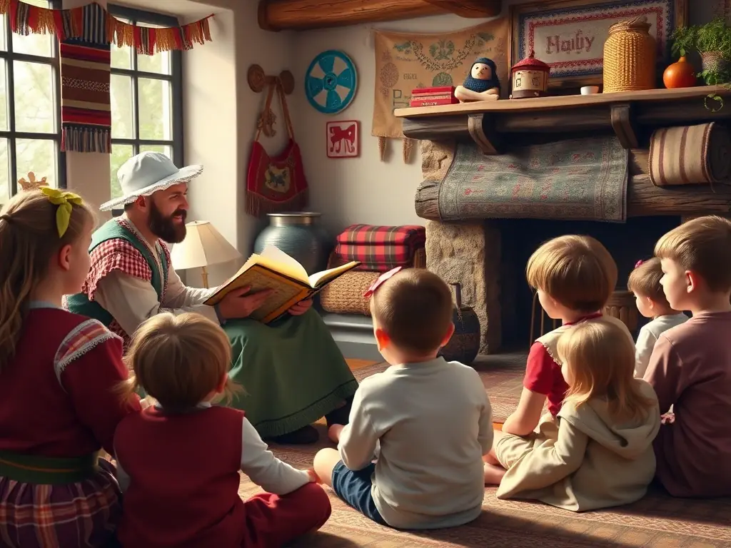 An image of a group of children participating in a Breton language storytelling session, with a storyteller dressed in traditional attire, captivating the audience with tales of Breton folklore.