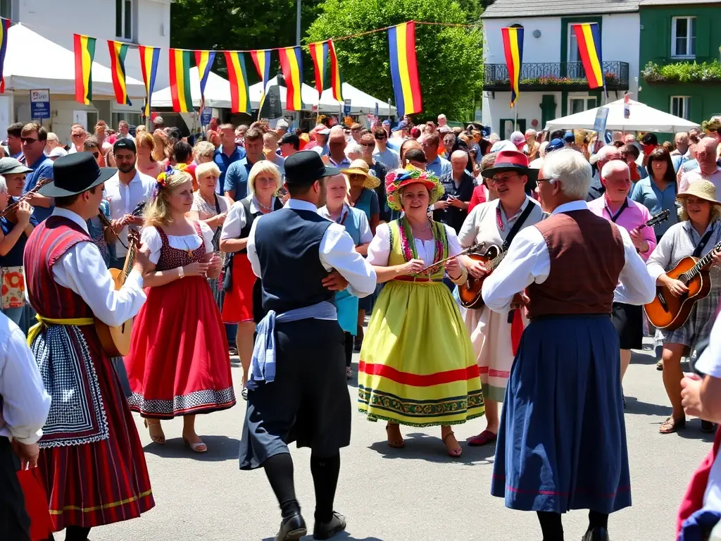 A photograph capturing a lively Breton cultural festival, showcasing traditional music, dance, and costumes, with people of all ages participating and enjoying the festivities.