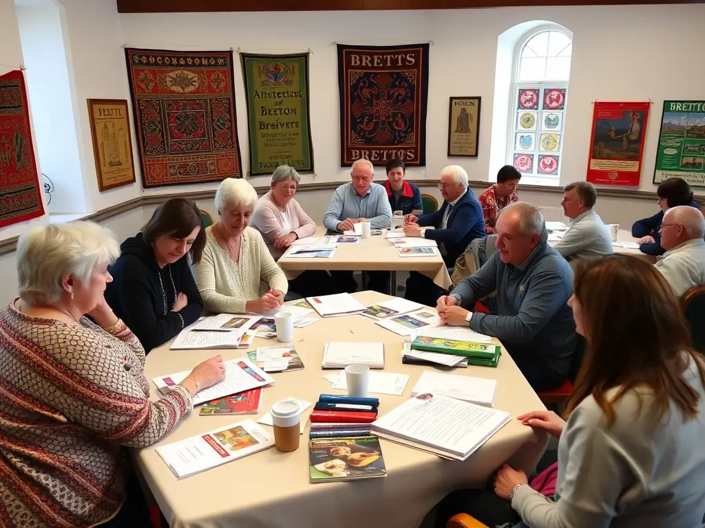 A vibrant image depicting a Breton language workshop, with participants of various ages engaged in learning activities, surrounded by traditional Breton decorations and learning materials.