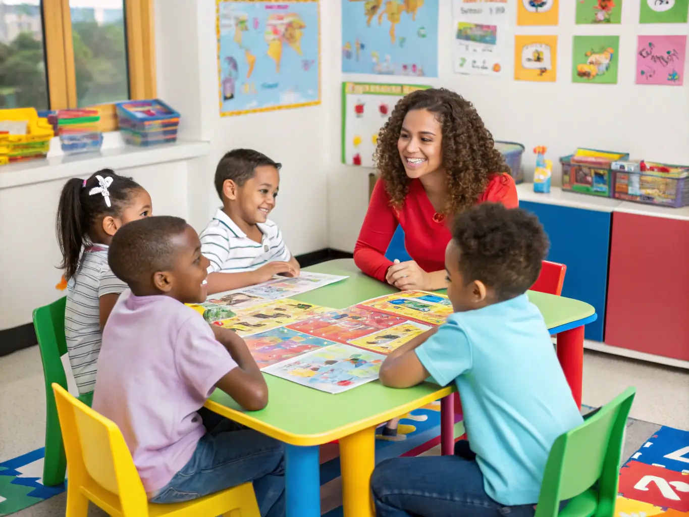 A photograph of children participating in a Breton language learning session, with interactive games and educational materials.